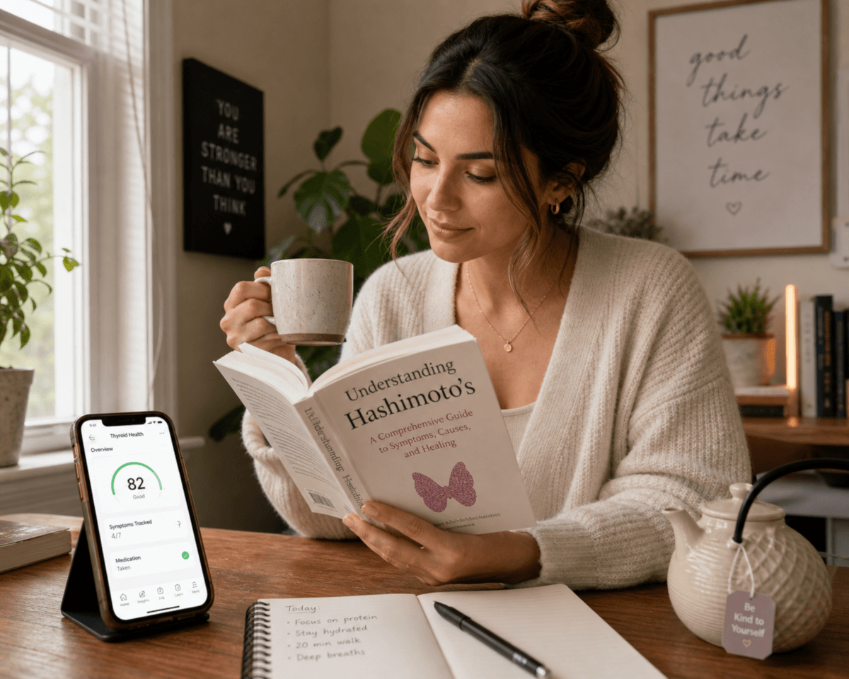 A woman reads a book titled Understanding Hashimoto's beside a phone showing a thyroid health dashboard and a teapot.